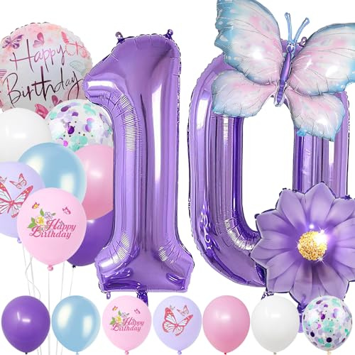 Juego de 10 años – Globo de papel de aluminio, 22 unidades, azul y lila, decoración de cumpleaños, globos de mariposas, globos de cumpleaños, decoración de fiesta de cumpleaños infantil, número 10
