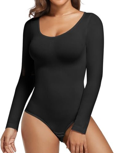 SHEKINI Shapewear dambody, långärmad bodysuit, formande bodysuit, formande body, elegant, räfflad långärmad body, svart, M