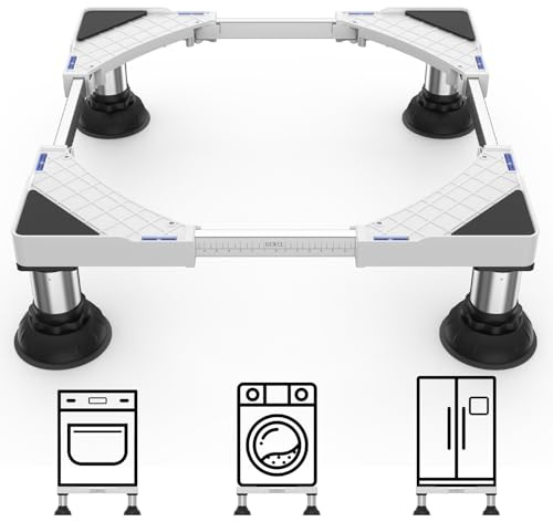 DEWEL Weiß Verstellbare Waschmaschinen Untergestell Bärenlast 250kg | Waschmaschine Sockel für Waschmaschinen Trockner Kühlschrank | Breite 45-65cm Höhe 15-18cm | Rutschfest Stoßdämpfend