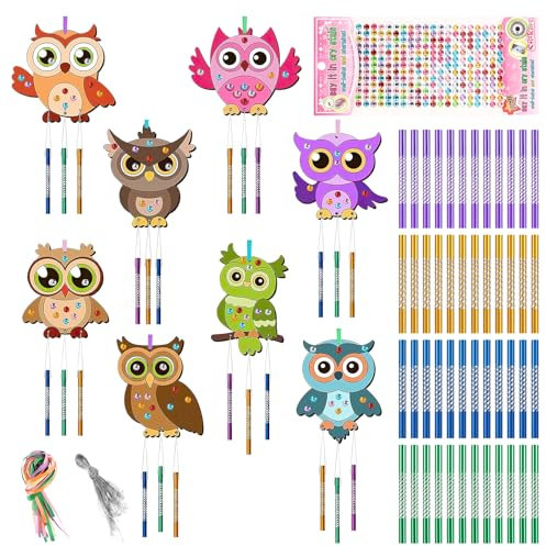 Auauraintt 16 Kit Scacciapensieri per Bambini, 8 Diversi Stili di Campanelli Eolici con Gufo Fai da Te con Accessori, Campane a Vento Adatti per Ragazzi Ragazze Compleanni Bomboniere, 16Pc-MTYFL