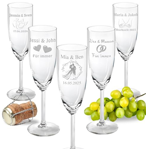 2er Set Sektgläser mit Gravur personalisiert mit Wunschmotiv und Wunschtext Namen Datum für Verliebte Verlobung Hochzeit Geschenk Champagner