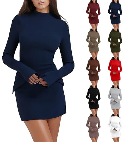 Stretch Bodycon Dresses for Women UK Long Sleeve High Neck Dress Solid Colour Mini Dress Slim Fit Work Dresses for Women UK Skinny Spring Dress Fashion Basic Wrap Hip Dress Size S-XXL Blue