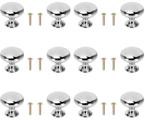 PRVCFZ 12 Pcs Chrome Door Knobs for Interior Doors, Cabinet and Drawer, Round Mushroom Pull Handle for Cabinet, Polished Chrome Hardware