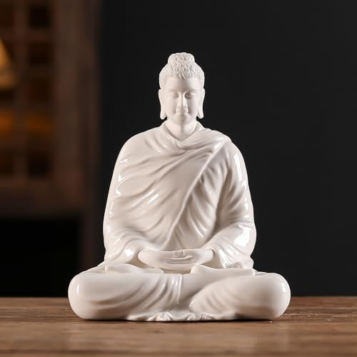 Houlu Statua di Buddha in ceramica bianca da 15,2 cm, piccola statua di Buddha meditante per interni