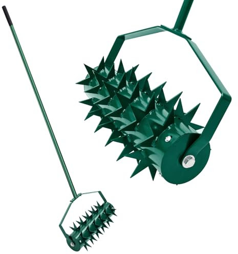 JAOGAUS Aerifizierer für Rasen, Walzentyp Rasenbelüfter, Rasenrolle mit Stiel & 5cm Nägeln & Spritzschutz, Handvertikutierer Rollend für Höfe und Rasenflächen im Garten – Garten-Handwerkzeuge