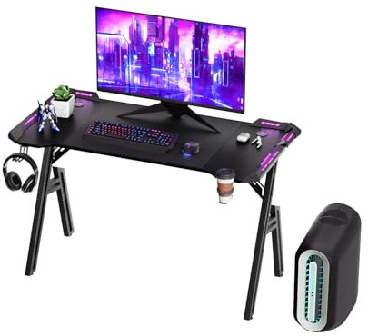NAIZY Gaming Tisch 140cm Gamingtisch inkl. Kopfhörerständer Wasserbecherhalter Schreibtisch Kohlefaserplatte Gamer Computertisch Ergonomischer PC Tisch mit Kabelloch & LED