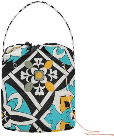 Un motivo quadrato di una piastrella arabesca in turchese nero e bianco con alcuni accenti gialli Borsa tote per filato all'uncinetto Borsa da viaggio portatile per ferri da maglia accessori per