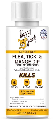 Happy Jack Kennel Dip Dog Flea and Tick Treatment & Prevention, Made in USA, Spray Yard & Home 30-Day Control, Kills Fleas, Ticks, Deer Ticks, Mange, Lice, for Puppies, Small to Large Dogs (4 oz)