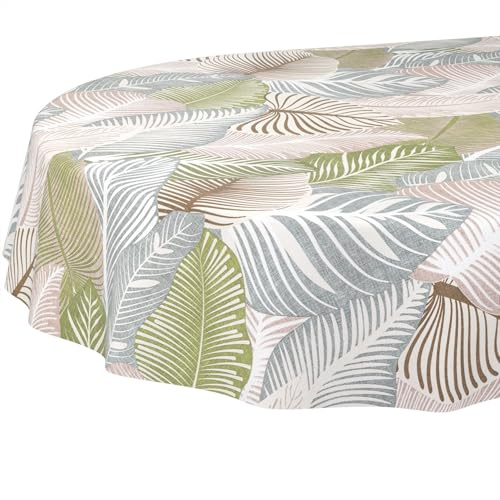 ANRO Nappe en toile cirée Nappe en toile cirée Nappe de table en toile cirée lavable Nappe de jardin Imperméable Ovale 200x140cm Bord coupé Floral Feuilles Tonnelle Vert