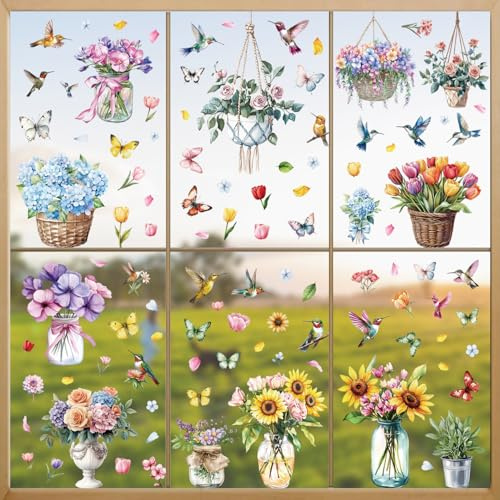109 Stück Fensterbilder Selbstklebend Frühling Deko Aufkleber Fenstersticker mit Blumen Fensterbilder Frühling Deko Selbstklebend Vogel Blumen Aufkleber