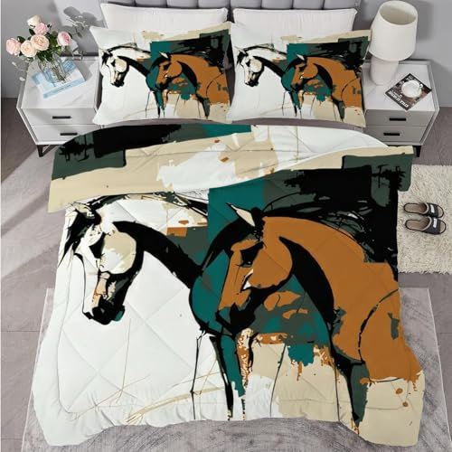 buyluhn Bettdecke 200x220 Ohne Bezug Nutzbar, Bettdecken Pferd Waschbar Ganzjahresdecke Abstrakte Kunst 4 Jahreszeiten Steppdecke, Bettzeug mit 2 Kissenbezug für Sommer Winter