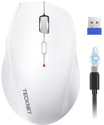 TECKNET PRO Kabellose Maus Wiederaufladbar, Silent Funkmaus 6400 DPI, 2,4 GHz Computermaus, Ergonomische Griffe, 6 Tasten, Tragbar Maus für PC, Laptop,Chromebook, Mac-Weiß