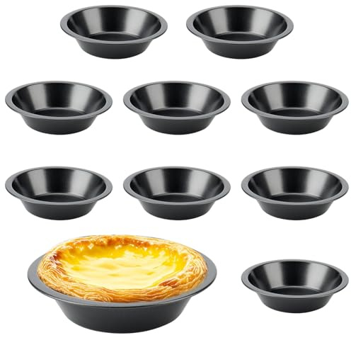 CHUIFAI Lot de 10 Moules à Tarte aux œufs Réutilisables, Moules Tartelettes en Acier Rond, pour Quiche Gateau, Plat a Tarte en Acier Carbone,12 cm, Noirs