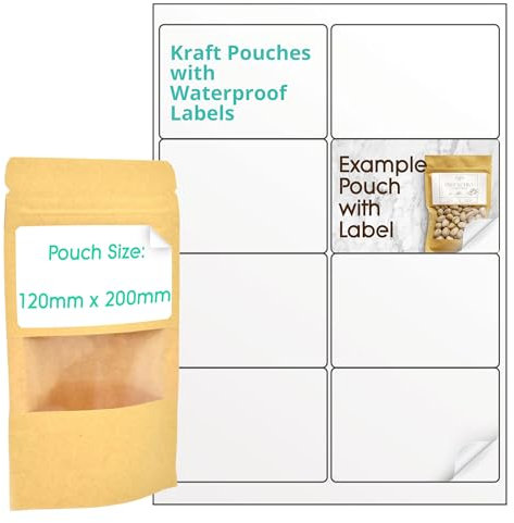 Evergreen Goods Lot de 8 pochettes alimentaires en papier kraft avec fenêtre transparente et fermeture éclair (120 x 200 mm), étiquettes A4 en vinyle blanc mat, sacs refermables et autocollants