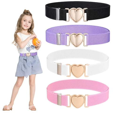 Kotkiddy 4 cinture per bambini colorate a forma di cuore abiti, jeans, pantaloni, divise scolastiche (nero, bianco, rosa, viola)