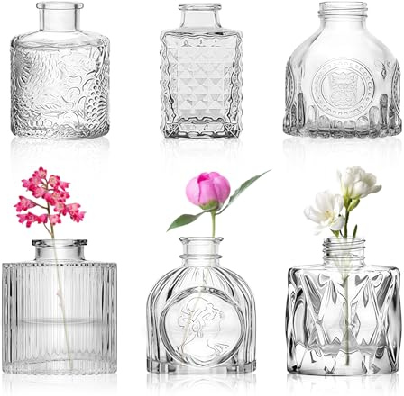 WANDGU 6 piccoli vasi per decorazione da tavolo: set di vasi in vetro vintage, decorativi, piccoli vasi Glasva Sen Flower sottili per casa, matrimoni, compleanni, feste, regalo, 8 cm