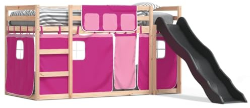 Letto a castello con scivolo e tende - Letto a soppalco per bambini in rosa (90 x 200 cm) - Lettino da gioco salvaspazio con scala di sicurezza e tenda per cameretta dei bambini