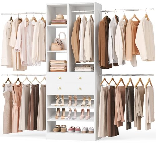 Besiost Closet System, 4.2–8.8 FT Closet Organizer with 2 Wooden Drawers and Shelves, Walk-in Closet System with 5 Hang Rods, Built-in Reach in Closet Tower, Can Fit 60 to 96 inch, White