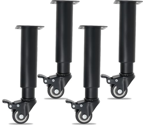 4 patas de muebles ajustables en altura con ruedas, giratorias 360° y con freno, patas de mesa de metal robustas, altura ajustable para armario, cama, sofá, mesa de café y otros muebles (24,5-36 cm)