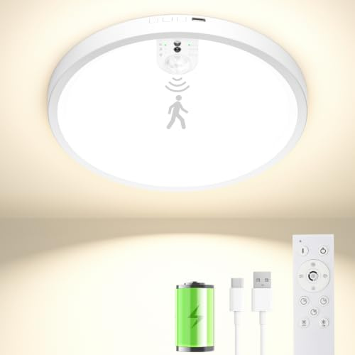 Akku Deckenlampe mit Bewegungsmelder und Magnet,Kabellos LED Deckenleuchte | Wiederaufladbare Deckenleuchte, Aufladbare Lampe Dimmbar,3modi–Strom- und Bohrerfrei Montierbar für Garage,Keller,Flur&Treppe