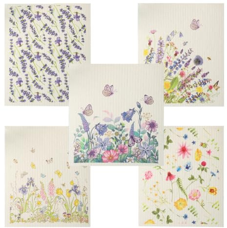 Återanvändbara svenska disktrasor, förpackning med 5 cellulosasvampdukar, miljövänlig absorberande återanvändbar disktrasa, kök miljövänlig luktfri rengöringsduk (blommor)