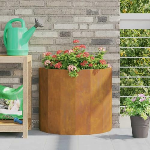 Qnhdfrt Semicircular Corten Steel Planter with Trellis, Rust | Weatherproof 60x30x50 cm metal flower pot designed for space-saving outdoor use on balconies, patios, and gardens.