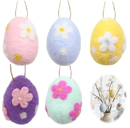 Dryxog 5 Stück Ostereier Anhänger, Ostereier zum Aufhängen Draussen Oster Deko Mini Eggs Aus Filz, Ostern Dekooster Deko für Osterstrauß Osterbaum Osterzweige Frühlingsdeko (6×4.5cm)