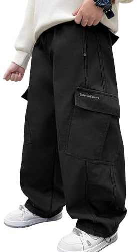 SEAUR Barn Cargo Hip Hop streetwear byxor bomull säckig breda ben joggingbyxor pojkar cargobyxor elastisk midja 120–170, svart, 140-146