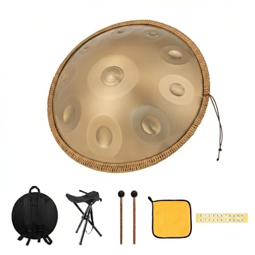 Handpan Tambor 22 Pulgadas, 10 Notas Re Kurd 440Hz, Oro, Acero Aleado, Set | Para meditación, yoga y meditación sonora; incluye funda, soporte, 2 mazos, paño de limpieza y pegatinas de notas