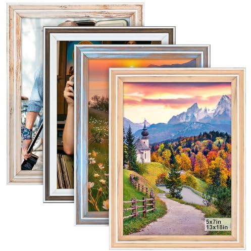 SIMDAO 4er Vintage Bilderrahmen 13x18 Set - Retro Bilderrahmen für Tisch oder Wand, 4 Farben, Rustikale Fotorahmen im Landhausstil mit Plexiglas Für Fotos, Poster, Büro und Homeoffice