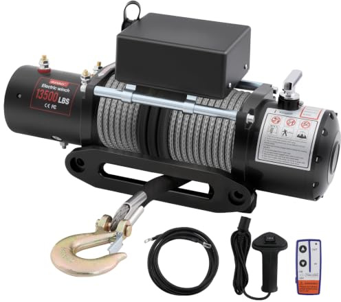 Cabrestante eléctrico 12 V – 6123 kg (13500 lbs), cable sintético de 12 hilos, guía de cable de aluminio, mando a distancia inalámbrico y con cable, IP55, para todoterreno, Jeep y barco