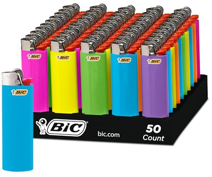 BIC Classic Lighters, Pocket Lighter Style, Fashion Assorted Colors, 50 Count Tray Disposable Lighters