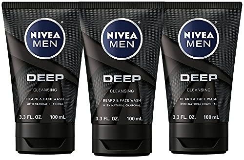 NIVEA MEN DEEP Cleansing Beard and Face Wash, Enriched with Natural Charcoal, 3 Pack of 3.3 Fl Oz Tubes