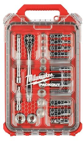 Milwaukee 3/8-Zoll-Antrieb SAE Ratschen- und Steckschlüsselmechaniker-Werkzeug-Set mit Packout-Koffer (28-teilig)
