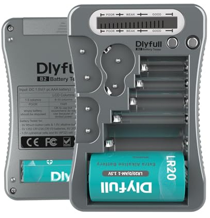 Dlyfull Universal Battery Tester with LCD Display, Multi Purpose Small Battery Checker for AA AAA C D 9V CR2032 CR123A CR2 CRV3 2CR5 CRP2 1.5V/3V Button Cell Batteries