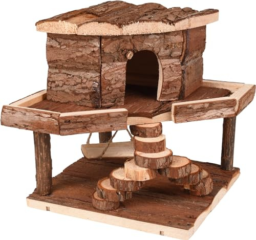 Flamingo Maison pour Rongeur Hansy Bois Brun - 20x20x20cm - Maison en Haute est Amovible pour Nettoyage Facile - Equipée d'une Platforme d'observation sur Le Toit