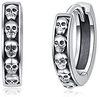 TANGPOET Creolen Ohrring 925 Sterling Silber Totenkopf Schläfer Ohrringe Kleine Scharnier Huggie Hoop Earrings Unisex Schwarz Schmuck Halloween Geschenke für Frauen Männer