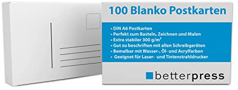 Betterpress 100 Stück DIN A6 Blanko Postkarten zum Selbstgestalten, Postkarte aus weißem Karton, Postkarten zum Bedrucken Bemalen, Basteln, Zeichnen, selber drucken