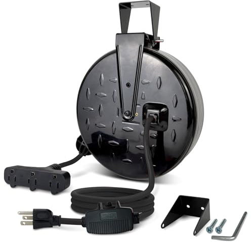 GREATIDE Retractable Extension Cord Reel, 16/3 SJTW Power Cord 30 Ft with 3 Electrical Outlets and 10 Amp Circuit Breaker, Ceiling or Wall Mount, Metal Plate, UL Listed, Grey