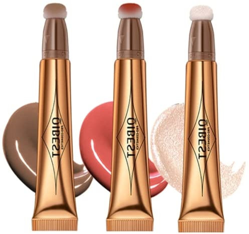 Flüssige Kontur Beauty Wand, Gesichts Highlighter und Bronze Stick mit Kissen Applicator befestigt, Schimmer lange anhaltende seidige Creme Gesicht Highlighter Bronze Make-up Stick (#3PCS (01-03-04))