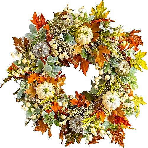 Autumn Wreath for Front Door, 35CM/40CM/45CM/50CM Artificial Maple Peony and Pumpkin Wreath for Home Halloween Harvest Thanksgiving Decor (A-35CM)