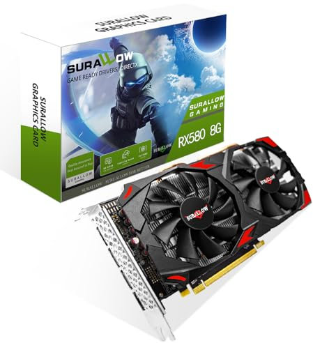 SURALLOW Tarjeta gráfica RX 580 de 8 GB, 2048SP, GDDR5, tarjeta gráfica de 256 bits para PC de juegos, PCIE 3.0, doble ventilador de congelación, tarjeta de video para computadora con HDMI/DP/puertos
