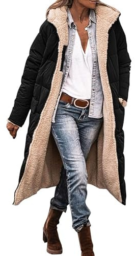 Runstarshow Winter Coats for Women - Longline Fleece Lined Jacket with Padded Hood, Quilted Coats - Warm Outerwear - Casual Trench Coats - Full Zip Overcoat with Pockets - Plus Size S-XL