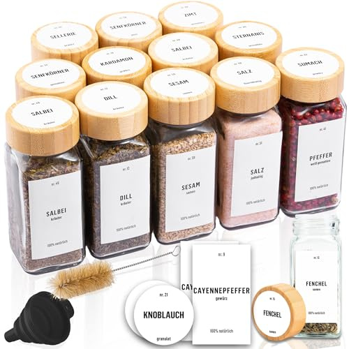 Deco haus Gewürzgläser Eckig Luftdicht 12er Set + Etiketten & Streueinsatz | Gewürzdosen Glas Set 120ml - Gewürzbehälter Spice Jars - Gewürze Aufbewahrung Gewürzaufbewahrung, Holzdeckel, Trichter