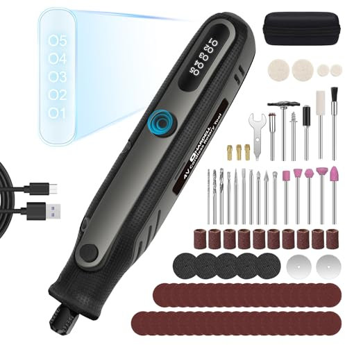 HARDELL 4V Akku Multifunktionswerkzeug Set, 5 Gang Rotationswerkzeug (Max 18000 U/min), Digitalanzeige Gravur Gerät mit 69 Stück Zubehör zum Bohren, Gravieren, Polieren, Schleifen, Schneiden(Schwarz)