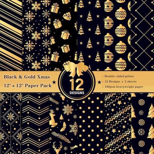 ZAKHSE Motivpapier Weihnachten, 24 Blätter Designpapier Doppelseitig Bedruckt, 30x30cm Schwarz und Gold Gemustert Scrapbook Bastelpapier, 160gsm Dekoratives Papierblock für Basteln-12 Designs
