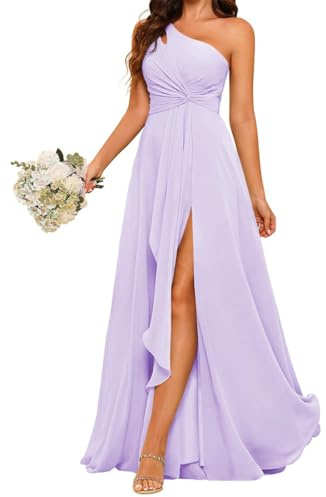 YIANN Robe de demoiselle d'honneur pour femme, épaule dénudée avec fente, longue en mousseline de ligne A, robe formelle, lilas, 40