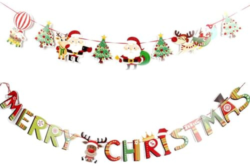 Merry Christmas Girlande, Frohe Weihnachten Banner, 2 Stück Girlanden Weihnachten Deko, Hängende Papiergirlande Merry Christmas Innen Außen