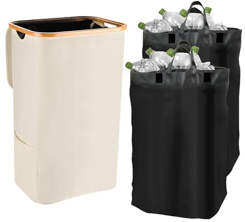 105L Recycling Bin With 2 Inner Bags - 27 Gallon Waste Container for Home and Kitchen - Bottle and Can Storage With Stickers (Beige)