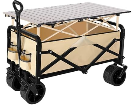 Bollerwagen Faltbar Strand Mit Tisch Gartenwagen Mit Kippfunktion Verstellbarer Griff Handwagen Garten Transportkarre Camping Für Camping, Einkaufen, Garten(/Khaki)